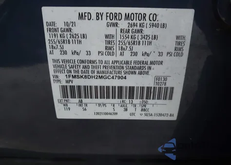 2021 Ford Explorer Xlt z USA, uszkodzony, nr VIN 1FMSK8DH2MGC47904